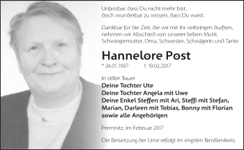Traueranzeige von Hannelore Post von Märkische Oderzeitung