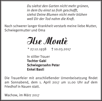 Traueranzeige von Ilse Monte von Märkische Oderzeitung