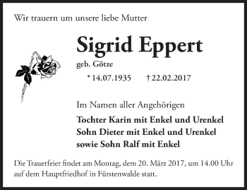 Traueranzeige von Sigrid Eppert von Märkische Oderzeitung