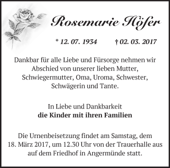 Traueranzeige von Rosemarie Höfer von Märkische Oderzeitung