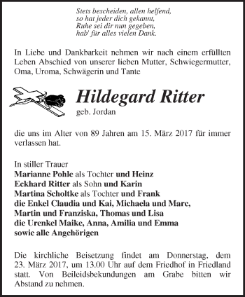 Traueranzeige von Hildegard Ritter von Märkische Oderzeitung