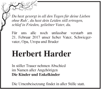 Traueranzeige von Herbert Harder von Märkische Oderzeitung