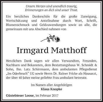 Traueranzeige von Irmgard Matthoff von Märkische Oderzeitung