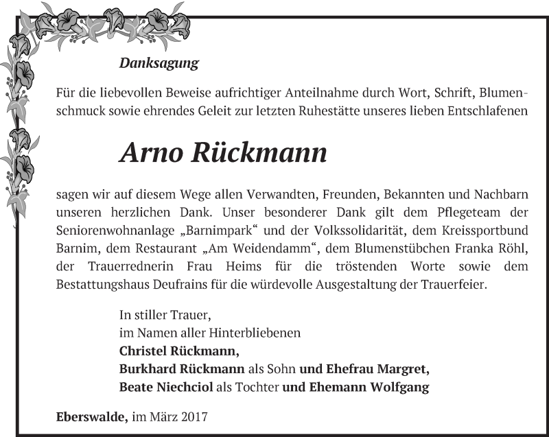  Traueranzeige für Arno Rückmann vom 12.03.2017 aus Märkische Oderzeitung