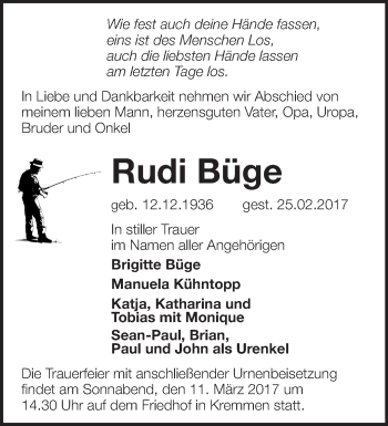Traueranzeige von Rudi Büge von Märkische Oderzeitung
