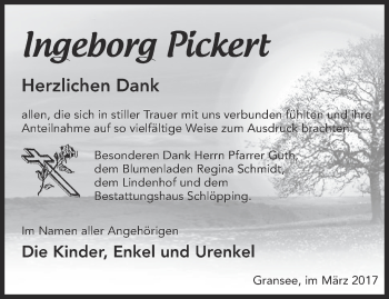 Traueranzeige von Ingeborg Pickert von Märkische Oderzeitung