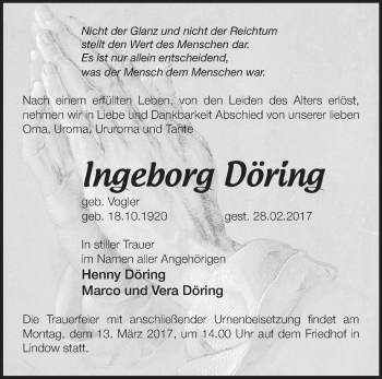 Traueranzeige von Ingeborg Döring von Märkische Oderzeitung