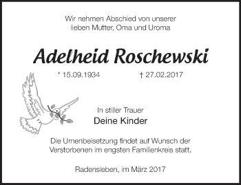Traueranzeige von Adelheid Roschewski von Märkische Oderzeitung
