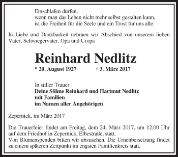 Traueranzeige von Reinhard Nedlitz von Märkische Oderzeitung