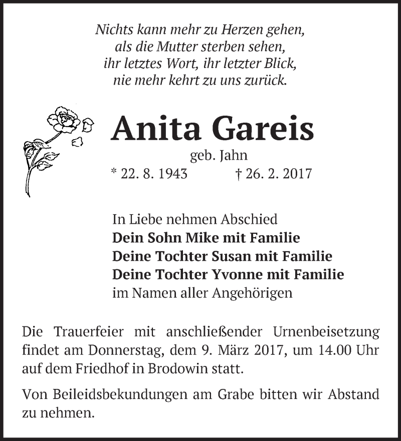  Traueranzeige für Anita Gareis vom 05.03.2017 aus Märkische Oderzeitung