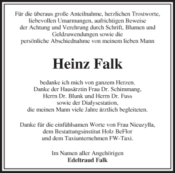 Traueranzeige von Heinz Falk von Märkische Oderzeitung