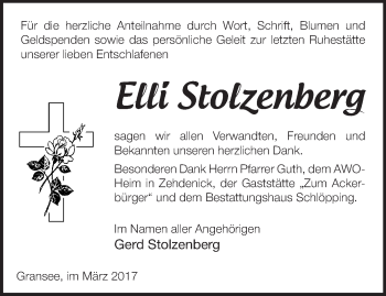 Traueranzeige von Elli Stolzenberg von Märkische Oderzeitung
