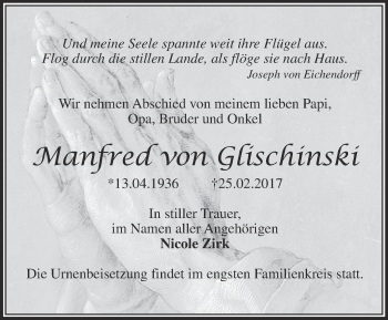 Traueranzeige von Manfred von Glischinski von Märkische Oderzeitung