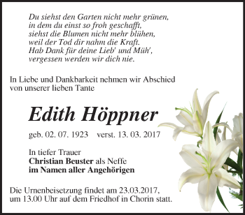 Traueranzeige von Edith Höppner von Märkische Oderzeitung