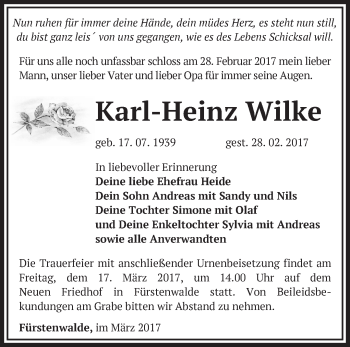 Traueranzeige von Karl-Heinz Wilke von Märkische Oderzeitung