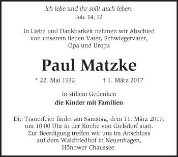 Traueranzeige von Paul Matzke von Märkische Oderzeitung