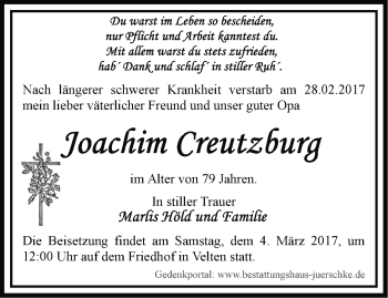 Traueranzeige von Joachim Creutzburg von Märkische Oderzeitung