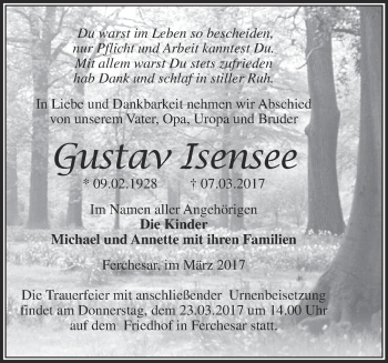 Traueranzeige von Gustav Isensee von Märkische Oderzeitung