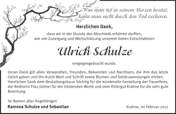 Traueranzeige von Ulrich Schulze von Märkische Oderzeitung