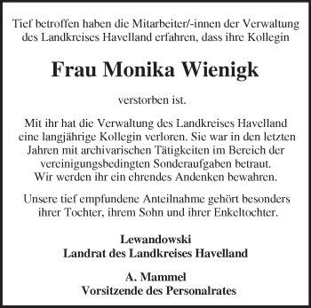 Traueranzeige von Monika Wienigk von Märkische Oderzeitung