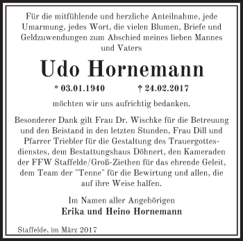 Traueranzeige von Udo Hornemann von Märkische Oderzeitung