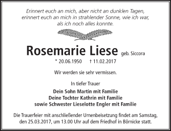 Traueranzeige von Rosemarie Liese von Märkische Oderzeitung