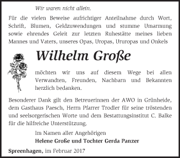 Traueranzeige von Wilhelm Große von Märkische Oderzeitung