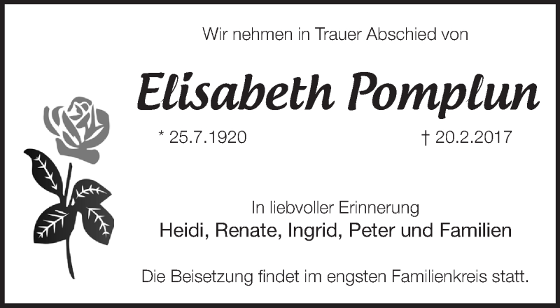  Traueranzeige für Elisabeth Pomplun vom 04.03.2017 aus Märkische Oderzeitung