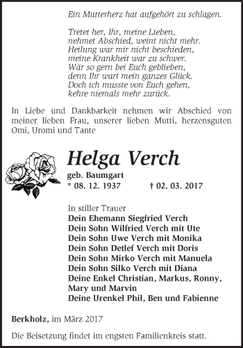 Traueranzeige von Helga Verch von Märkische Oderzeitung