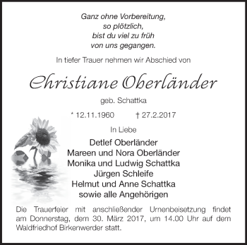 Traueranzeige von Christiane Oberländer von Märkische Oderzeitung