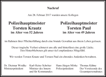 Traueranzeige von Torsten Paul von Märkische Oderzeitung