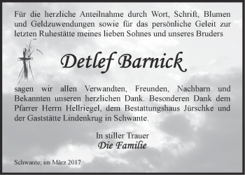 Traueranzeige von Detlef Barnick von Märkische Oderzeitung