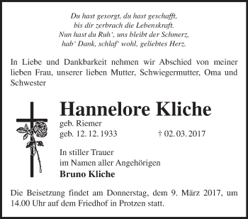 Traueranzeige von Hannelore Kliche von Märkische Oderzeitung