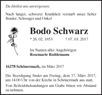 Traueranzeige von Bodo Schwarz von Märkische Oderzeitung