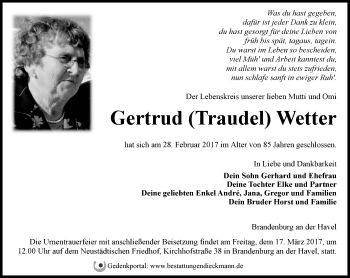 Traueranzeige von Gertrud Wetter von Märkische Oderzeitung