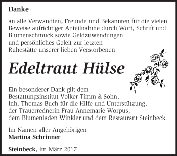 Traueranzeige von Edeltraut Hülse von Märkische Oderzeitung