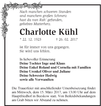 Traueranzeige von Charlotte Kühl von Märkische Oderzeitung