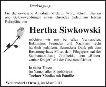 Traueranzeige von Hertha Siwkowski von Märkische Oderzeitung