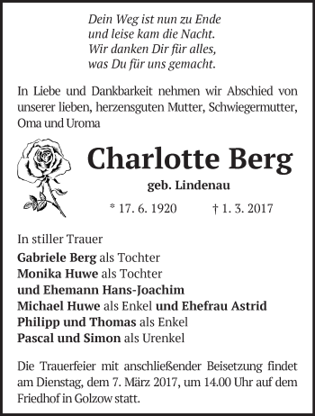 Traueranzeige von Charlotte Berg von Märkische Oderzeitung