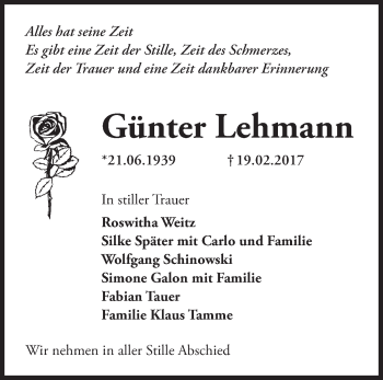 Traueranzeige von Günter Lehmann von Märkische Oderzeitung