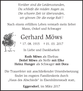 Traueranzeige von Gerhard Möws von Märkische Oderzeitung
