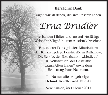 Traueranzeige von Erna Brudler von Märkische Oderzeitung