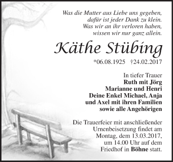 Traueranzeige von Käthe Stübing von Märkische Oderzeitung