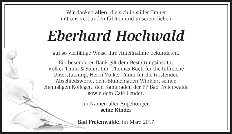  Traueranzeige für Eberhard Hochwald vom 10.03.2017 aus Märkische Oderzeitung