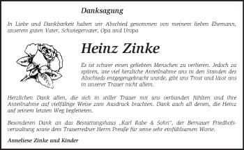 Traueranzeige von Heinz Zinke von Märkische Oderzeitung