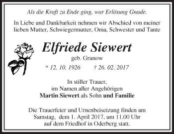 Traueranzeige von Elfriede Siewert von Märkische Oderzeitung