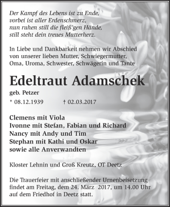Traueranzeige von Edeltraut Adamschek von Märkische Oderzeitung