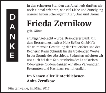 Traueranzeige von Frieda Zernikow von Märkische Oderzeitung