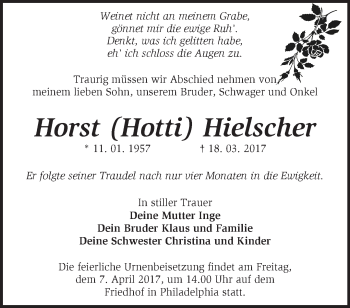 Traueranzeige von Horst Hielscher von Märkische Oderzeitung