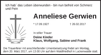 Traueranzeige von Anneliese Gerwien von Märkische Oderzeitung